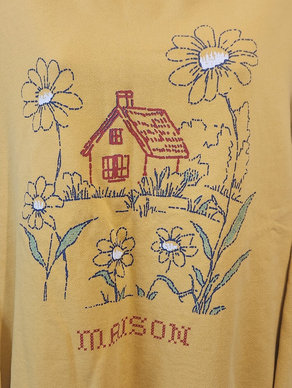 Maison Cross Stitch Graphic Off-The-Shoulder Oversized Pullover NWOT Sz S/M - Picture 7 of 8